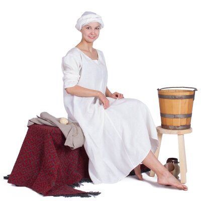 Spätmittelalter Unterkleid mit rundem Ausschnitt, 14./15. Jhd., maschinengenäht, cremeweiß, Gr. M
